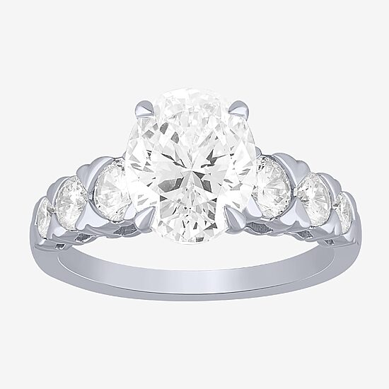 (F / Vs2) Womens 3 CT. T.W. Lab Grown White Diamond 10K Gold Oval Side Stone Engagement Ring