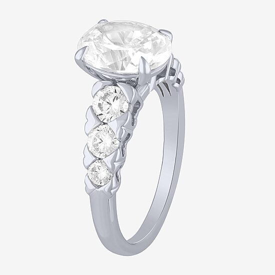 (F / Vs2) Womens 3 CT. T.W. Lab Grown White Diamond 10K Gold Oval Side Stone Engagement Ring