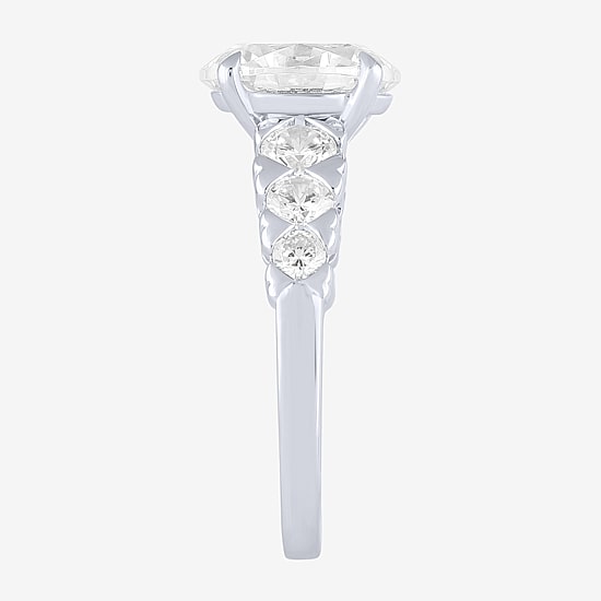 (F / Vs2) Womens 3 CT. T.W. Lab Grown White Diamond 10K Gold Oval Side Stone Engagement Ring