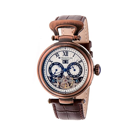 Heritor Automatic Ganzi Mens Leather Day&Date-Bronze/Silver Watches