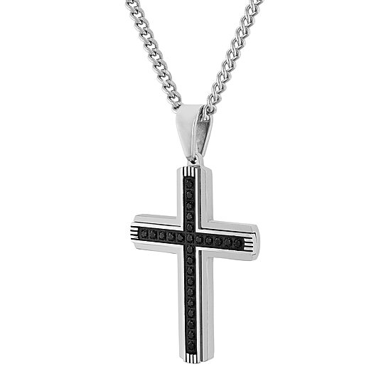Mens Black Cubic Zirconia Stainless Steel Cross 24 Inch Pendant Necklace