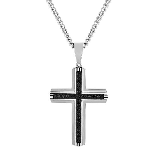 Mens Black Cubic Zirconia Stainless Steel Cross 24 Inch Pendant Necklace