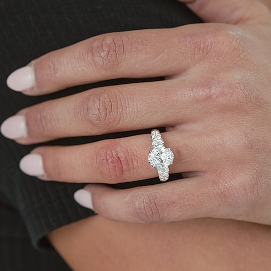 (F / Vs2) Womens 3 CT. T.W. Lab Grown White Diamond 10K Gold Oval Side Stone Engagement Ring