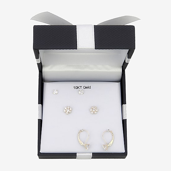 Womens Cubic Zirconia 10K Gold 3 Pair Earring Set