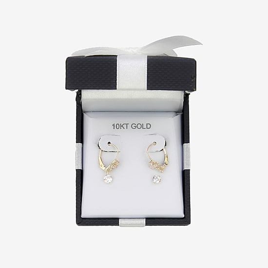 Religious Jewelry Cross Womens White Cubic Zirconia 10K Gold 2 Pair Earring Set