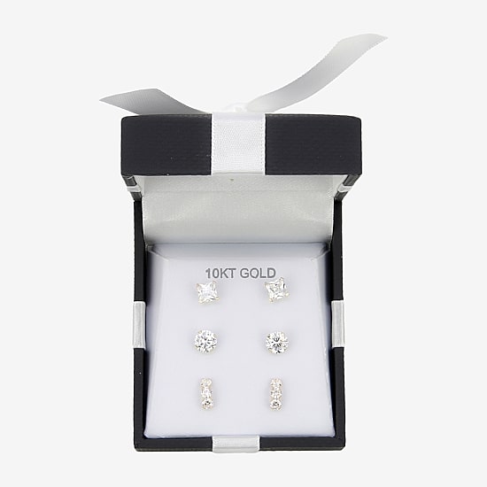 Womens White Cubic Zirconia 10K Gold 3 Pair Earring Set