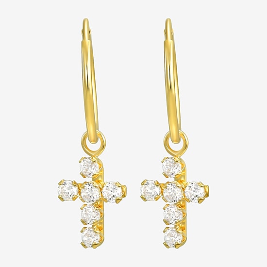 Cross Womens White Cubic Zirconia 14K Gold Cross Hoop Earrings