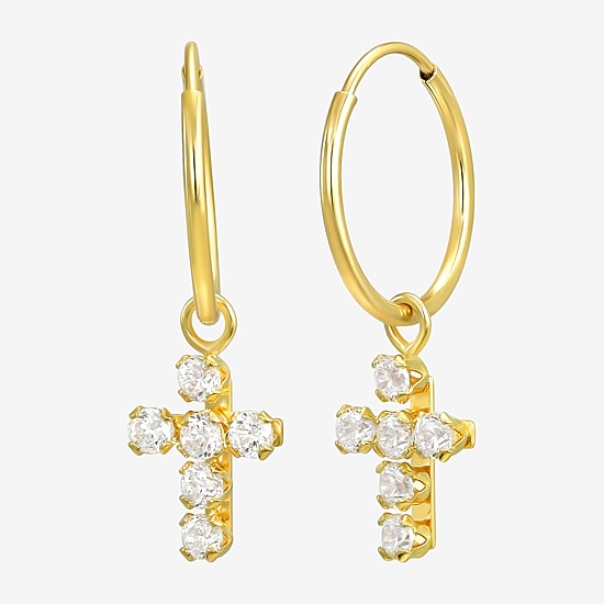 Cross Womens White Cubic Zirconia 14K Gold Cross Hoop Earrings