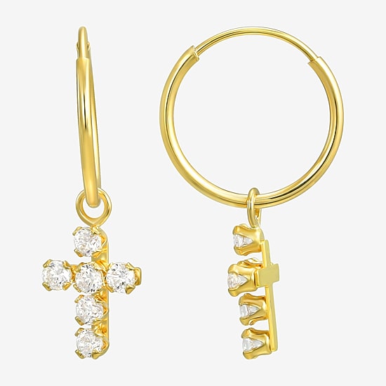 Cross Womens White Cubic Zirconia 14K Gold Cross Hoop Earrings