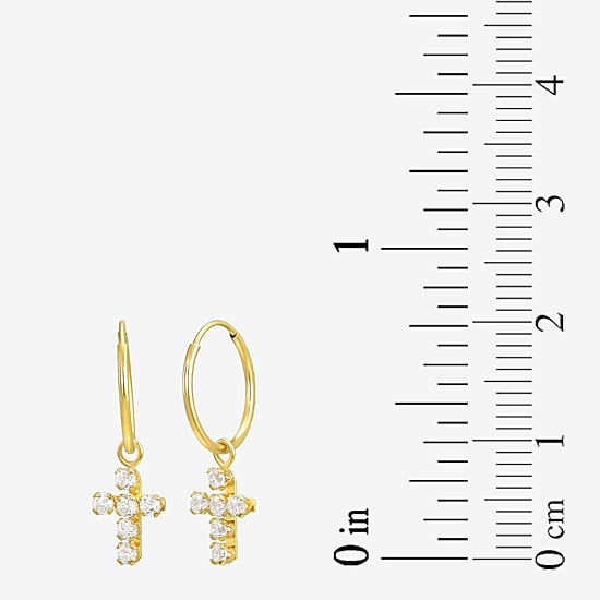 Cross Womens White Cubic Zirconia 14K Gold Cross Hoop Earrings