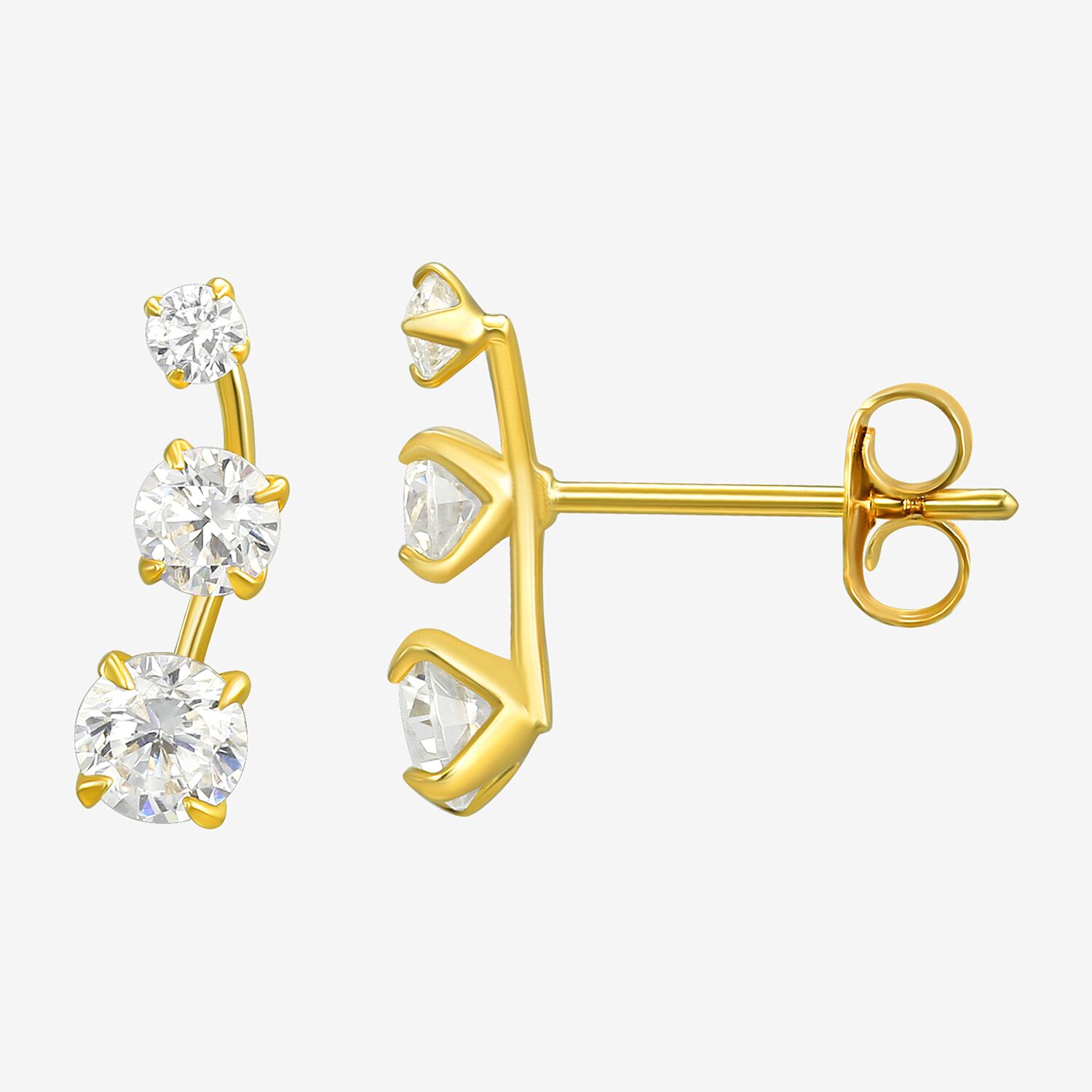 White Cubic Zirconia 10K Gold Curved Stud Earrings