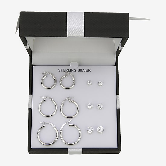 Womens Sterling Silver Round 6 Pair Earring Set