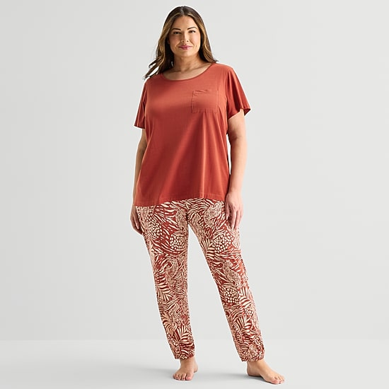 Liz Claiborne Womens Round Neck Short Sleeve 2-pc. Plus Pajama Set