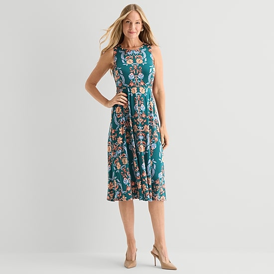 Danny & Nicole Womens Midi Floral Jacket Dress, Color: Teal Rust