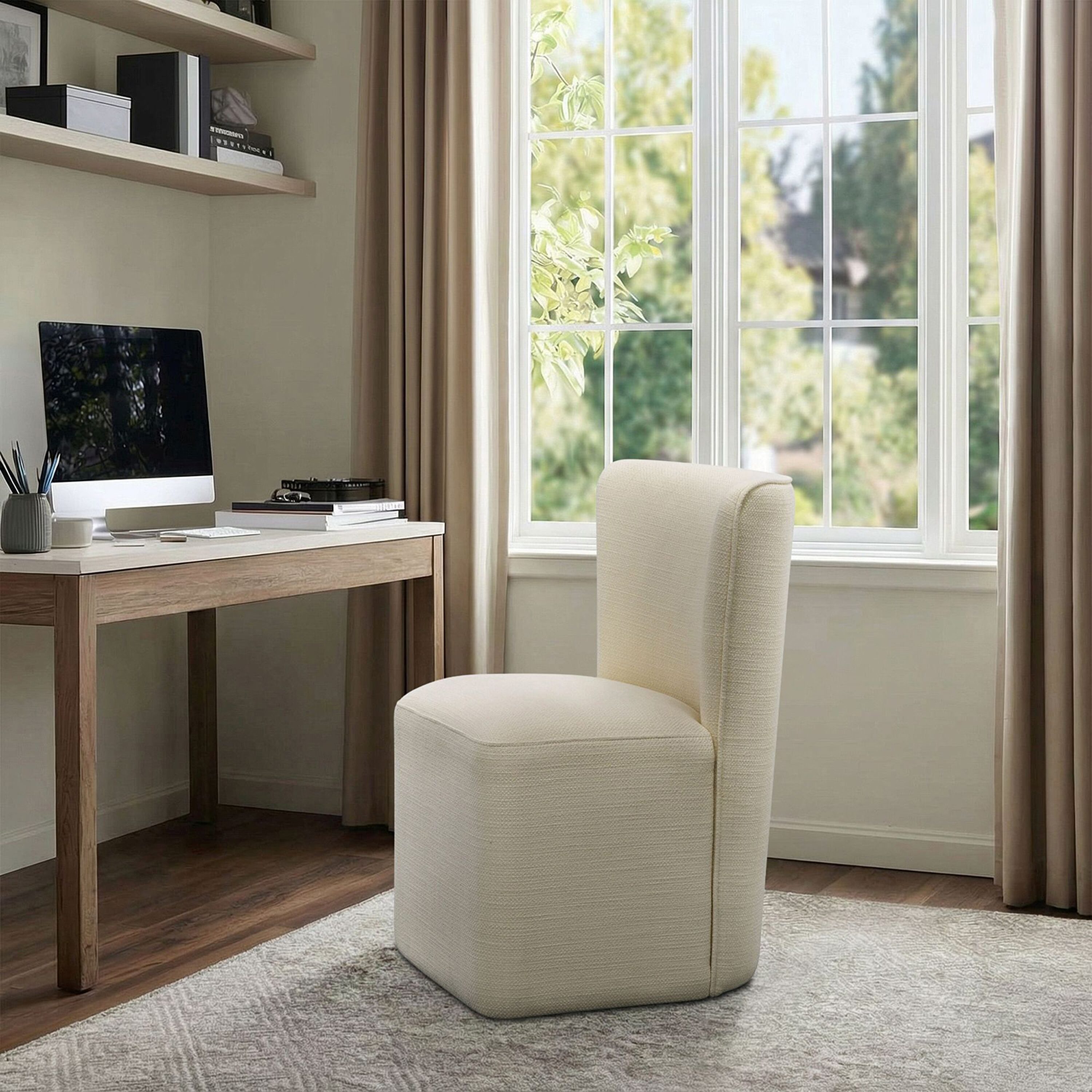 Upholstered dining chair near a desk in a room.