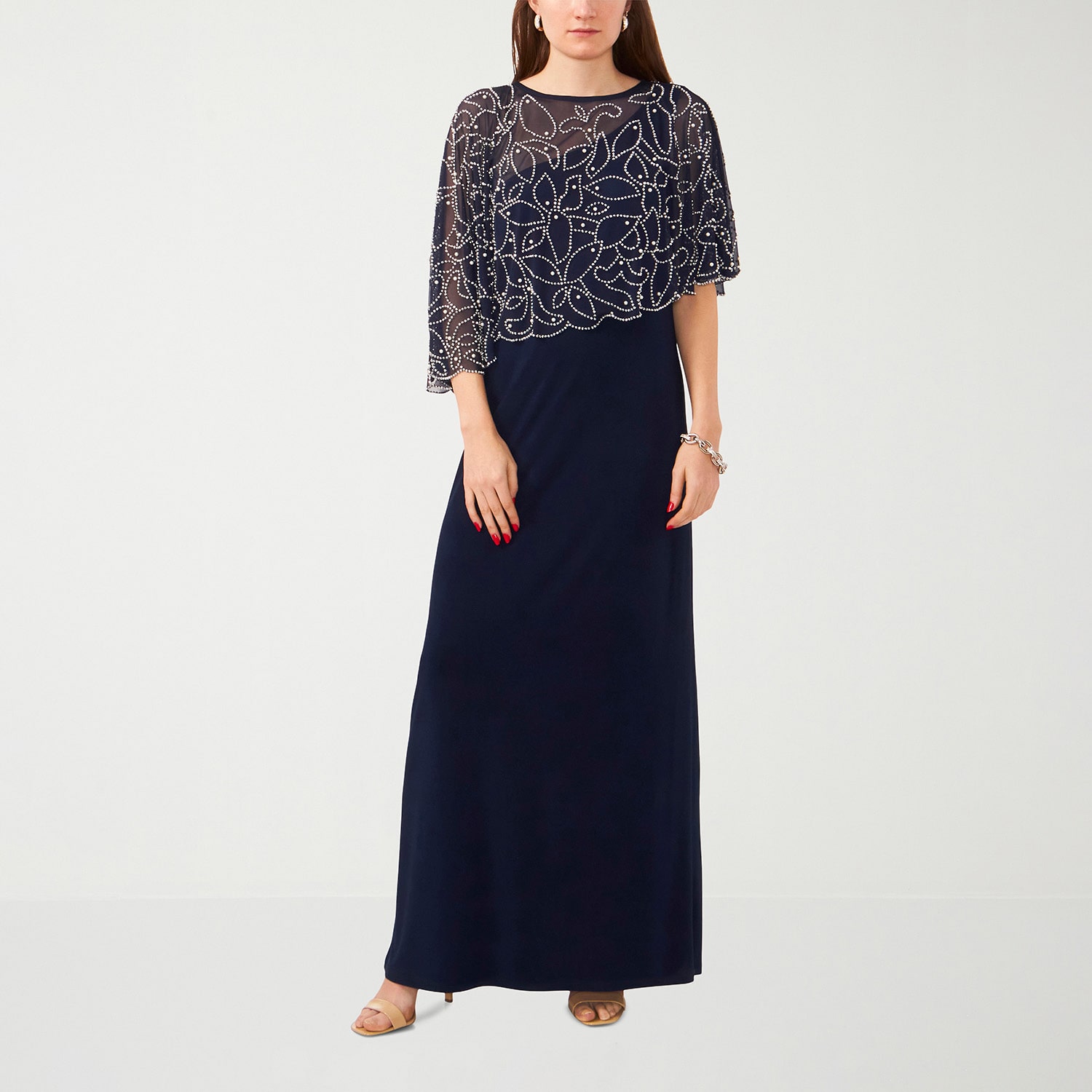 MSK Womens Round Neck Short Sleeve Cape Fitted Gown