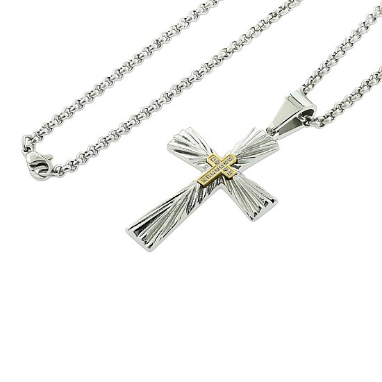 Mens White Diamond Stainless Steel Cross 24 Inch Pendant Necklace
