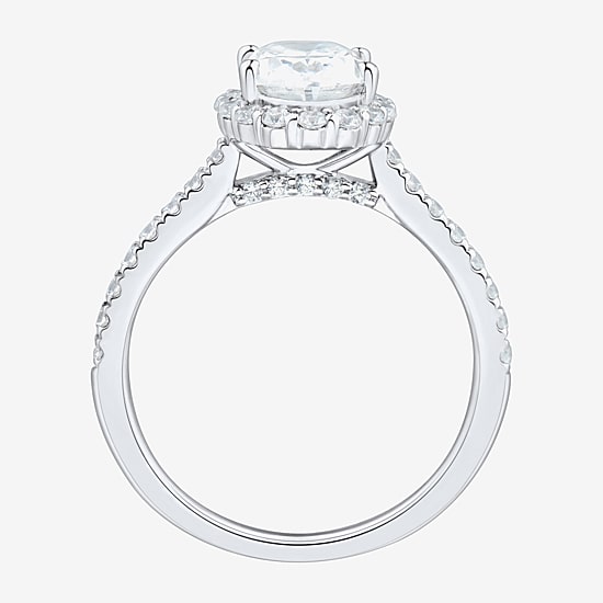(H-I / Si1-Si2) Womens 2 CT. T.W. Lab Grown White Diamond 10K Gold Oval Side Stone Halo Engagement Ring