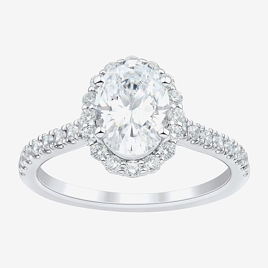 (H-I / Si1-Si2) Womens 2 CT. T.W. Lab Grown White Diamond 10K Gold Oval Side Stone Halo Engagement Ring