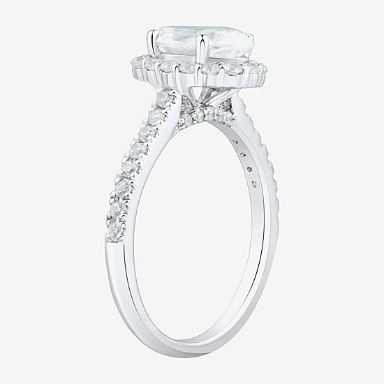 (H-I / Si1-Si2) Womens 2 CT. T.W. Lab Grown White Diamond 10K Gold Oval Side Stone Halo Engagement Ring