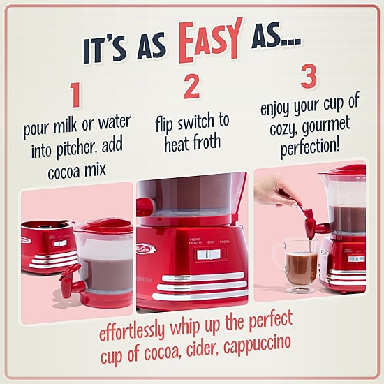 Nostalgia Retro 32-Ounce Hot Chocolate, Milk Frother, Cappuccino, Mocha, Latte Maker and Dispenser