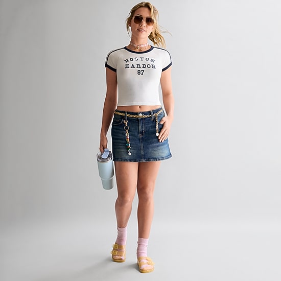 Arizona Womens Juniors Mid Rise Midi Denim Skirt