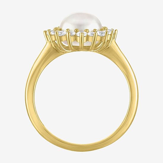 Womens 8MM White Cultured Freshwater Pearl 14K Gold Over Silver Halo Cocktail Ring