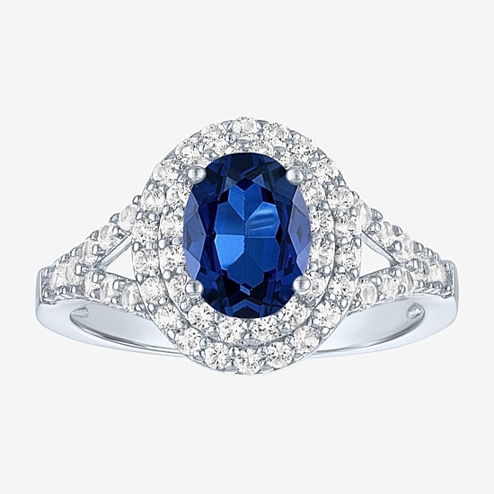 Gemstone and Lab-Created White Sapphire Sterling Silver Oval Double Halo Cocktail Ring