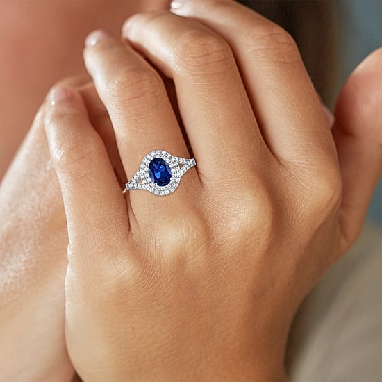 Gemstone and Lab-Created White Sapphire Sterling Silver Oval Double Halo Cocktail Ring