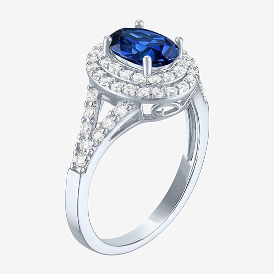 Gemstone and Lab-Created White Sapphire Sterling Silver Oval Double Halo Cocktail Ring