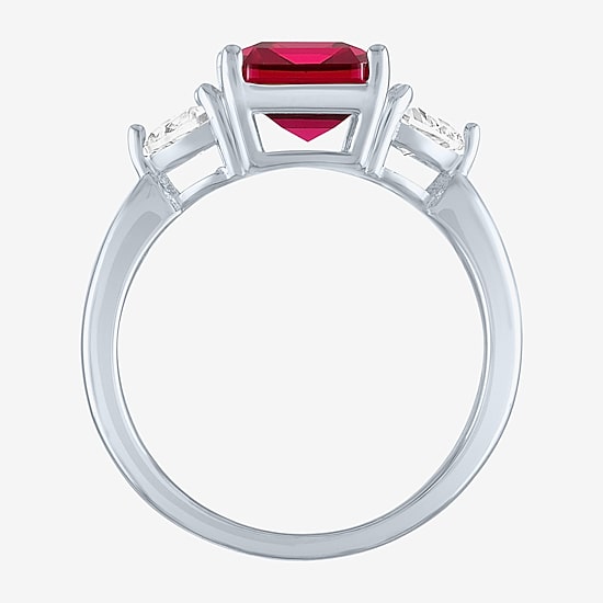Womens Lab Created Red Ruby Sterling Silver Side Stone Cocktail Ring