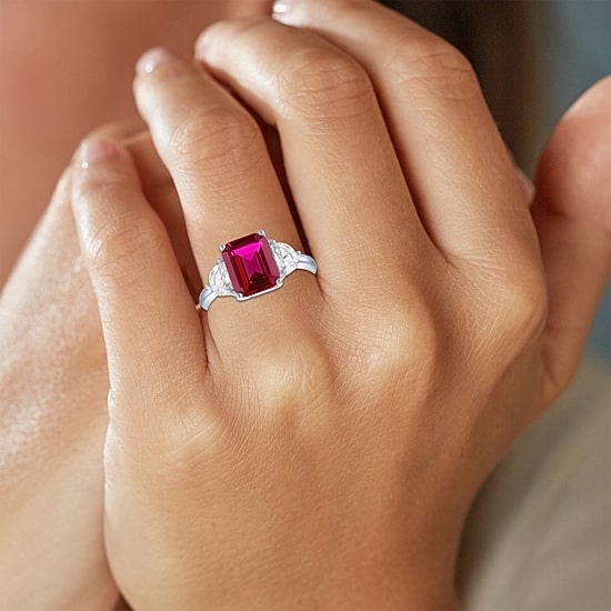 Womens Lab Created Red Ruby Sterling Silver Side Stone Cocktail Ring