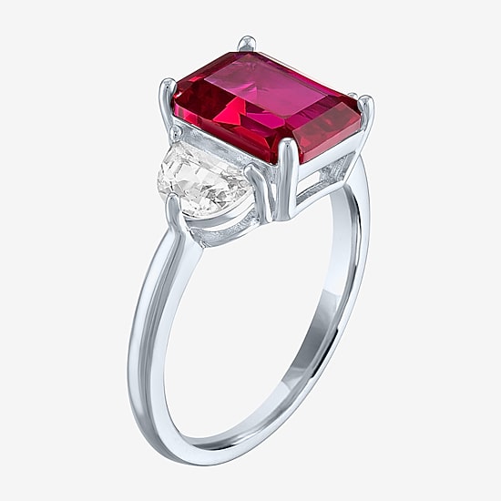 Womens Lab Created Red Ruby Sterling Silver Side Stone Cocktail Ring