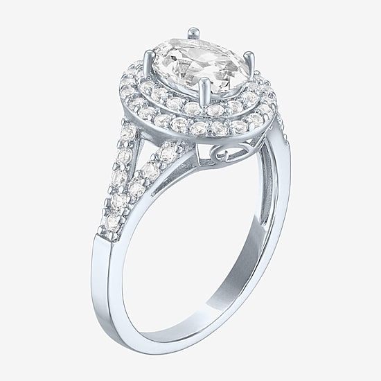 Womens Lab Created White Sapphire Sterling Silver Round Halo Cocktail Ring
