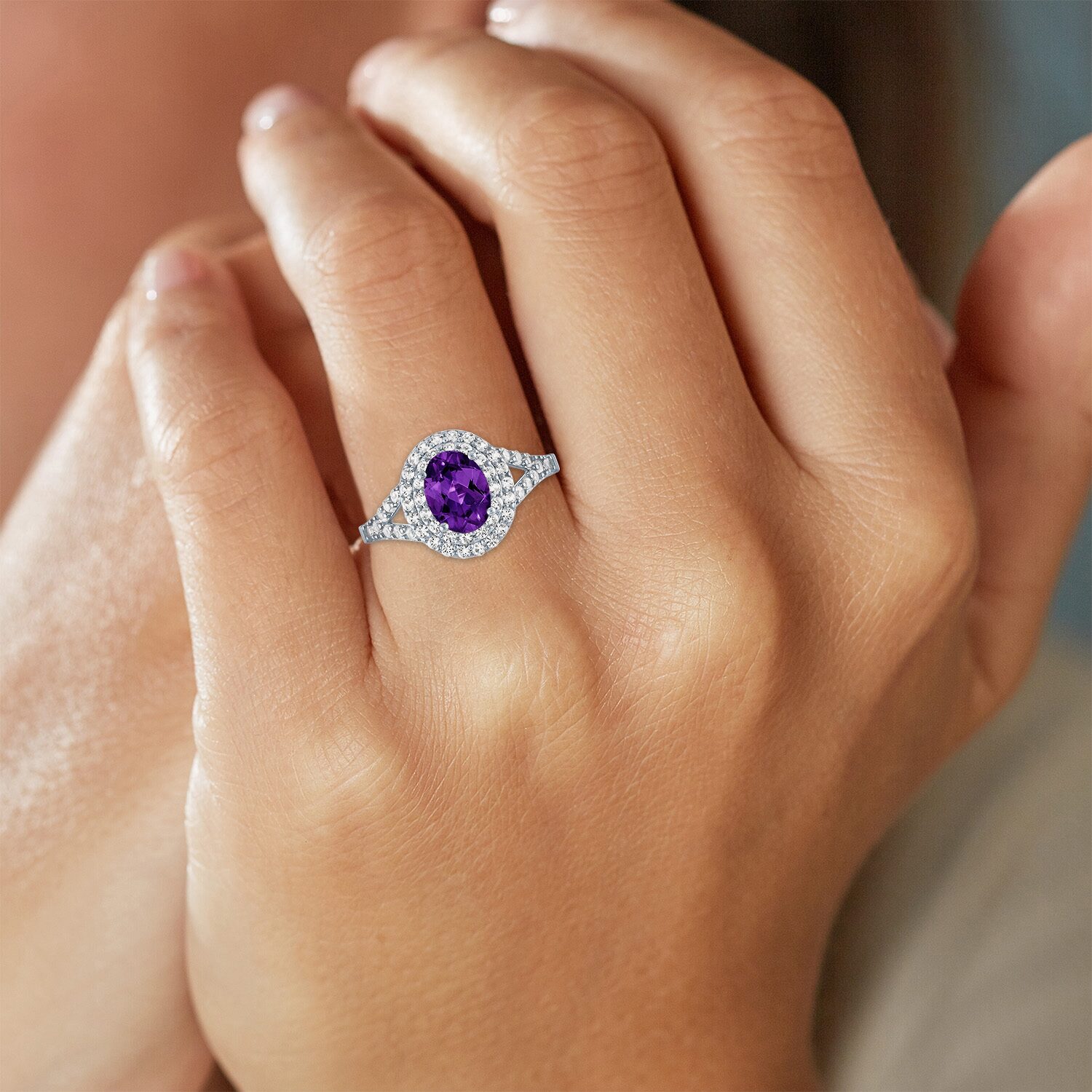 Gemstone and Lab-Created White Sapphire Sterling Silver Oval Double Halo Cocktail Ring