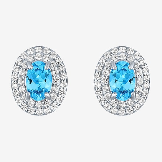 Gemstone & Lab-Created White Sapphire Sterling Silver Oval Double Halo Stud Earrings