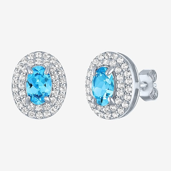 Gemstone & Lab-Created White Sapphire Sterling Silver Oval Double Halo Stud Earrings