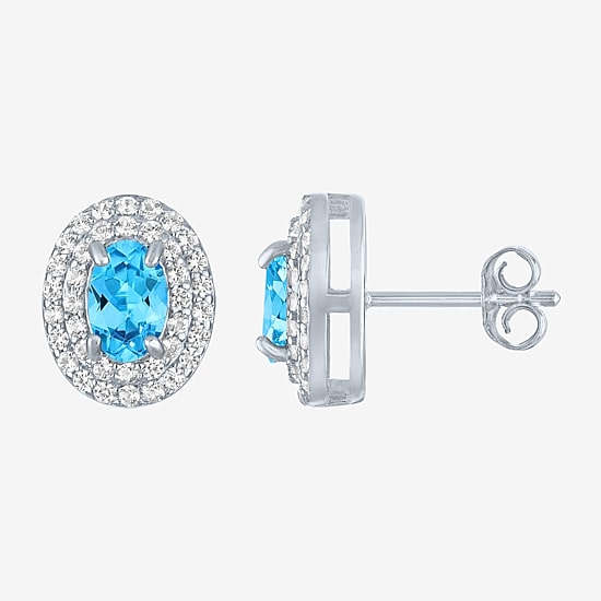 Gemstone & Lab-Created White Sapphire Sterling Silver Oval Double Halo Stud Earrings