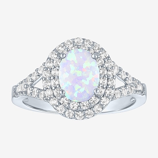 Gemstone and Lab-Created White Sapphire Sterling Silver Oval Double Halo Cocktail Ring