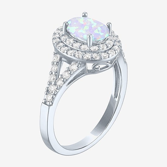 Gemstone and Lab-Created White Sapphire Sterling Silver Oval Double Halo Cocktail Ring