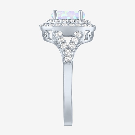 Gemstone and Lab-Created White Sapphire Sterling Silver Oval Double Halo Cocktail Ring