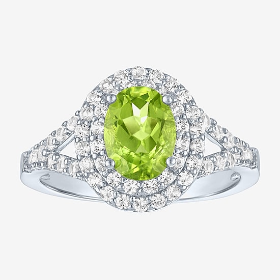 Gemstone and Lab-Created White Sapphire Sterling Silver Oval Double Halo Cocktail Ring