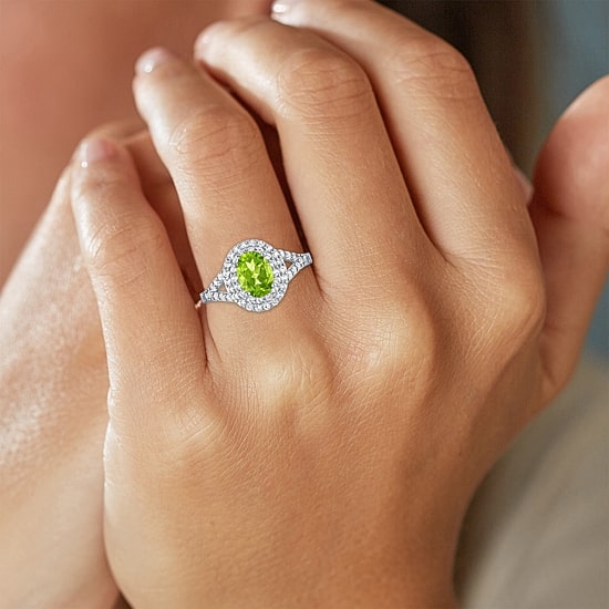 Gemstone and Lab-Created White Sapphire Sterling Silver Oval Double Halo Cocktail Ring