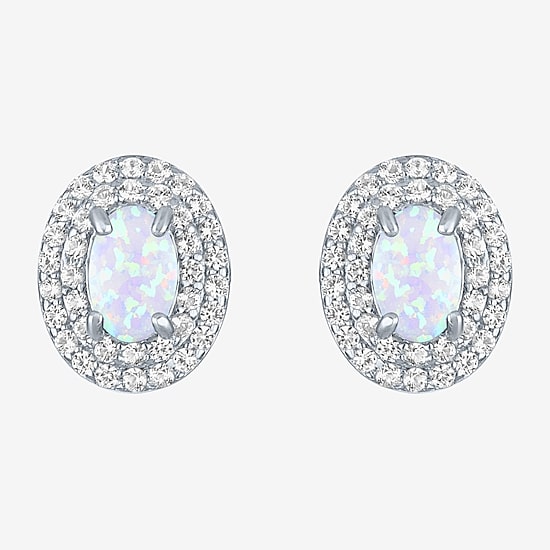 Gemstone & Lab-Created White Sapphire Sterling Silver Oval Double Halo Stud Earrings