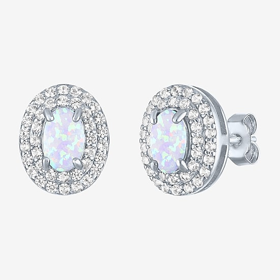 Gemstone & Lab-Created White Sapphire Sterling Silver Oval Double Halo Stud Earrings