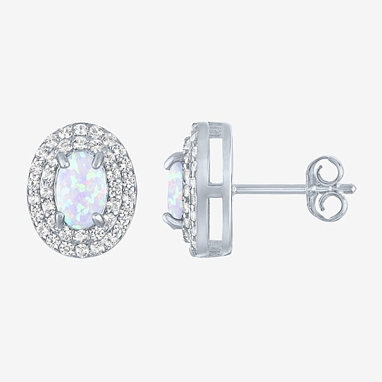Gemstone & Lab-Created White Sapphire Sterling Silver Oval Double Halo Stud Earrings