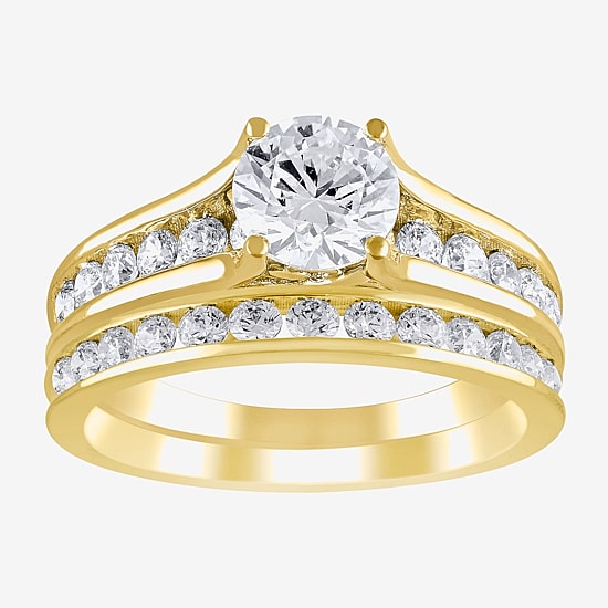 (G / Si2) Womens 2 CT. T.W. Lab Grown White Diamond 10K Gold Round Side Stone Bridal Set