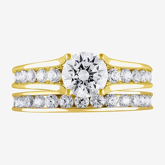 (G / Si2) Womens 2 CT. T.W. Lab Grown White Diamond 10K Gold Round Side Stone Bridal Set
