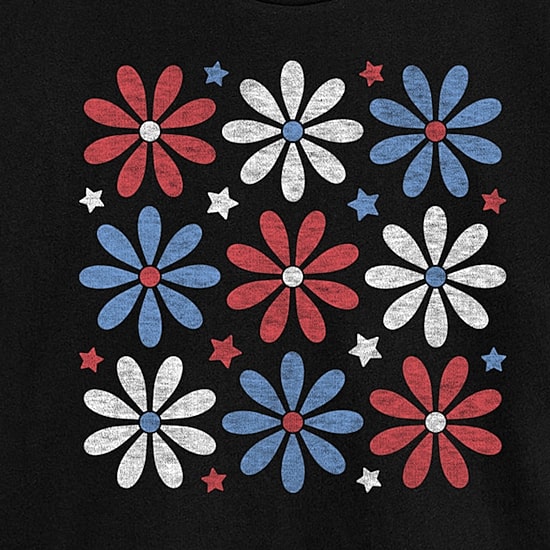 Red White Blue Daisies Cropped Womens Juniors Crew Neck Short Sleeve Classic Fit Graphic T-Shirt