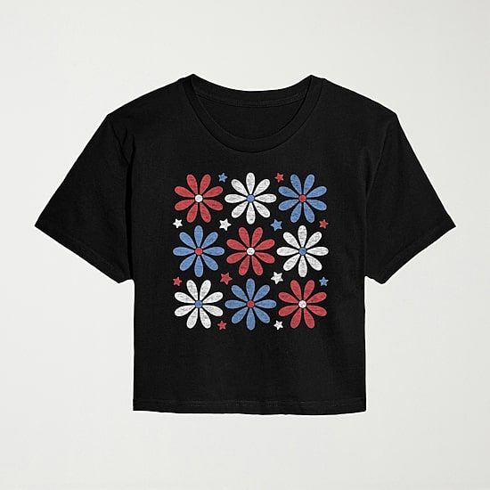 Red White Blue Daisies Cropped Womens Juniors Crew Neck Short Sleeve Classic Fit Graphic T-Shirt